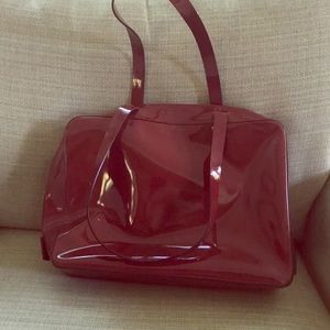Hot red patent leather handbag, 13” wide, 10” tall